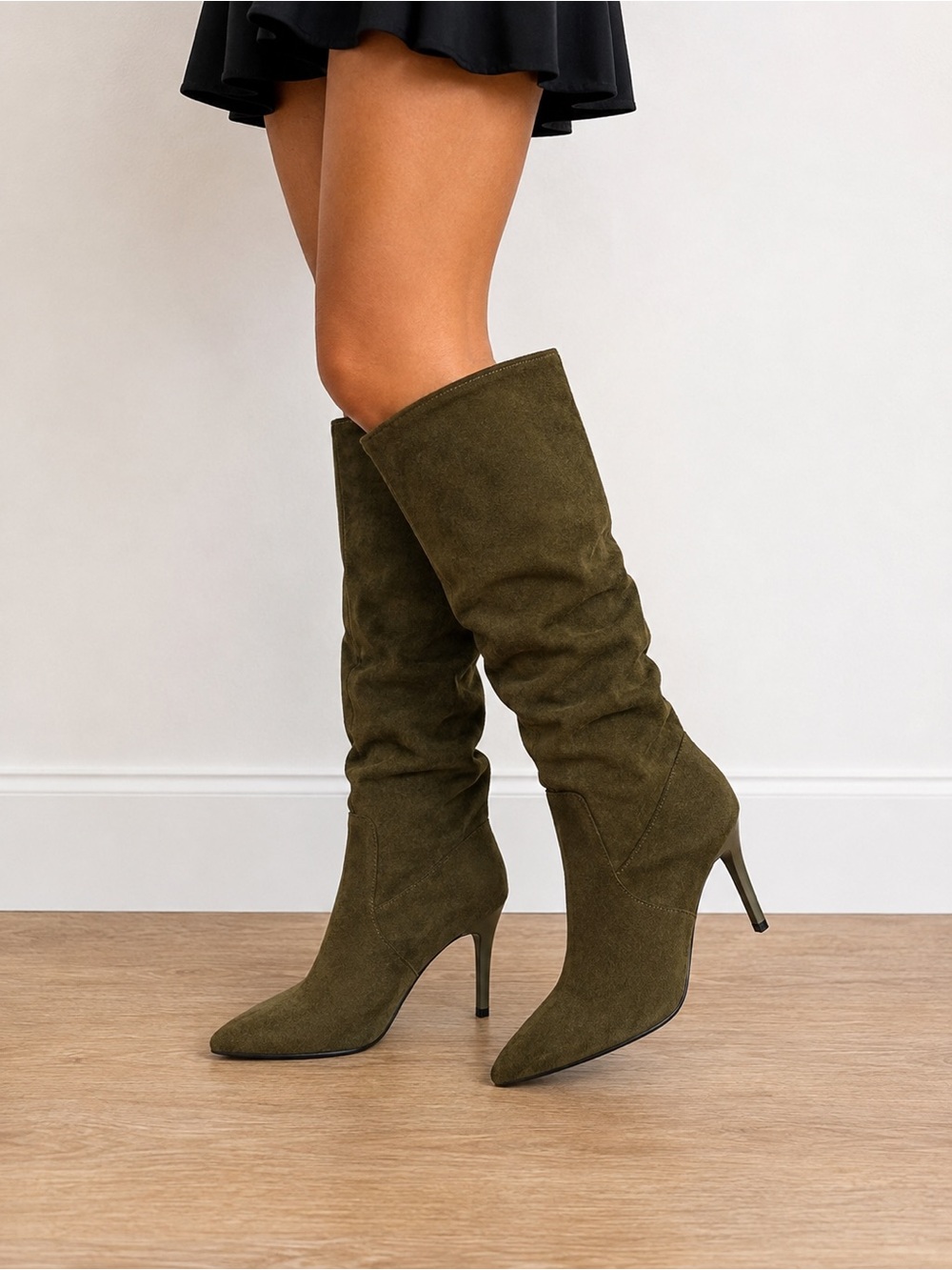 Olive green Knee-High Slouch Suede Stiletto Boots size 10 faux suede pointed toe